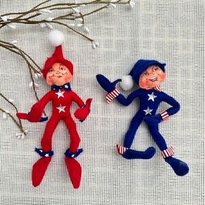 Annalee Mobilitee Patriotic Elf Dolls 2008 Set of 2 Collectors Dolls ornaments